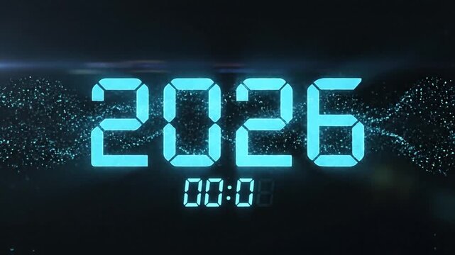 Digital countdown and celebration of the year 2026 with exploding confetti effects