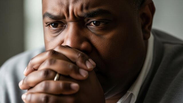 Close up of an african american man looking anxious. Mature male with worried facial expression symbolizing stress, grief or emotional difficulty for mental health concept.