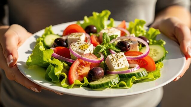 Woman holding plate with fresh greek salad. Healthy eating and mediterranean cuisine, concept for cooking recipe and diet.
