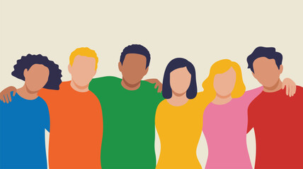 Fototapeta premium Six diverse people with varied skin tones standing together with arms around each others shoulders