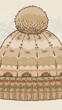 Vertical video: Camera reframing knit beanie on beige, revealing pom-pom and fair isle details