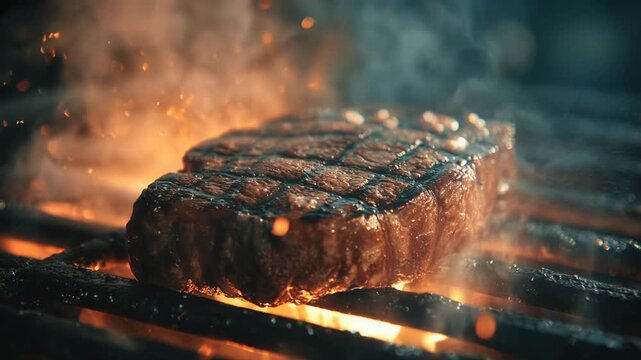 Juicy beef steak grilling on hot barbecue grill with savory meat cooking over open flame. perfect gourmet dinner featuring seared textures for delicious food concept