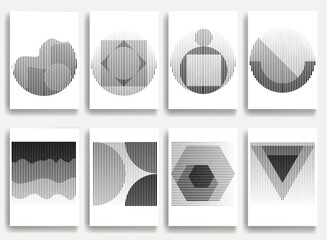 Geometric vector posters set with concentric lines- modern geometric circles, semicircles , triangles pattern created with thick and bold dynamic lines for design. Shapes for posters and branding. 