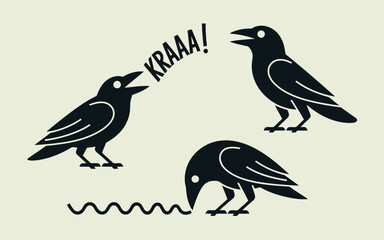 Three simple black crow or raven silhouettes are shown on a light beige ground with one bird cawing