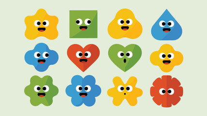 Obraz premium Twelve cheerful cartoon blob characters in different shapes and bright colors showing happy expressions