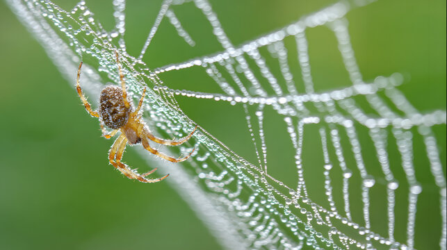 lemuria. A spider mending its intricate web with glistening threads in morning light. wildlife magazines, conservation campaigns, designed for eco-tourism storytelling, used by motion designers.