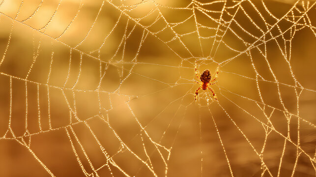 lemuria. A spider mending its intricate web with glistening threads in morning light. wildlife magazines, conservation campaigns, designed for eco-tourism storytelling, used by motion designers.