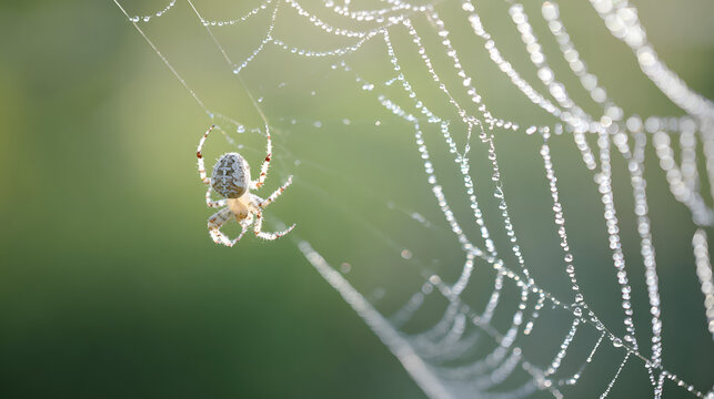 lemuria. A spider mending its intricate web with glistening threads in morning light. wildlife magazines, conservation campaigns, designed for eco-tourism storytelling, used by motion designers.
