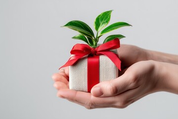 Hands holding a small potted plant wrapped with a red ribbon.