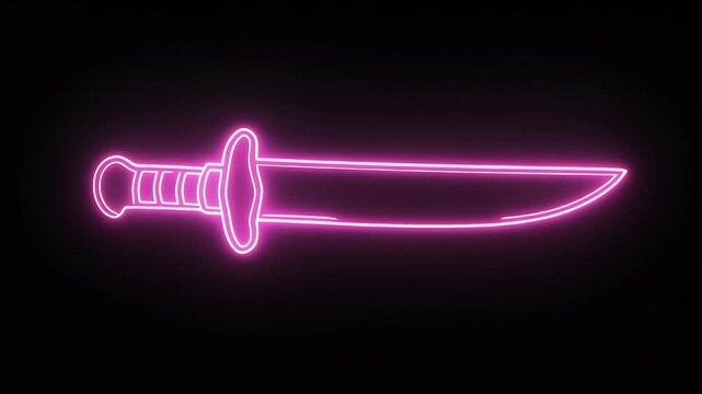 A neon pink glowing dagger outline on a dark black background, a stylized graphic element.
