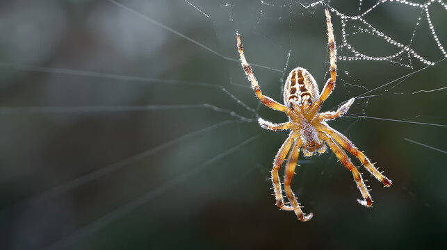 lemuria. A spider mending its intricate web with glistening threads in morning light. wildlife magazines, conservation campaigns, designed for eco-tourism storytelling, used by motion designers.