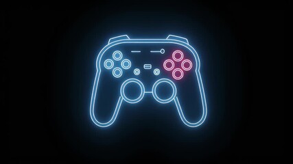 Neon blue and pink glowing video game controller outline on a dark background, representing digital entertainment and gaming. - Powered by Adobe