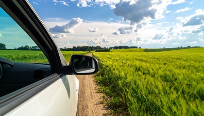 Car view from a dirt road beside a green field under a bright blue sky with fluffy white clouds