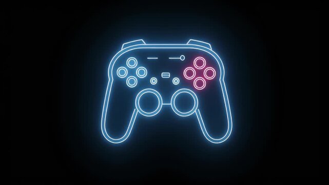 Neon blue and pink glowing video game controller outline on a dark background, representing digital entertainment and gaming.