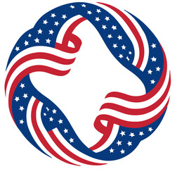 A circular logo featuring flowing red, white, and blue ribbons with stars, evoking the American flag. This patriotic design suggests unity, national pride, and celebration
