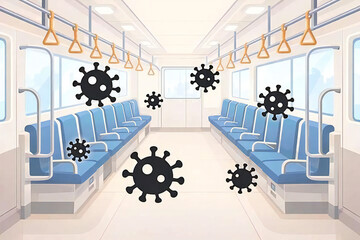電車内に浮遊するウイルスを表現したフラットイラスト。感染症・公衆衛生・注意喚起用途