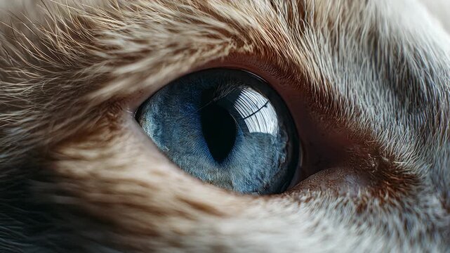 Intense macro close up of beautiful blue cat eye. Stunning detail in pupil and surrounding fur showcases animals focused gaze, truly mesmerizing stare