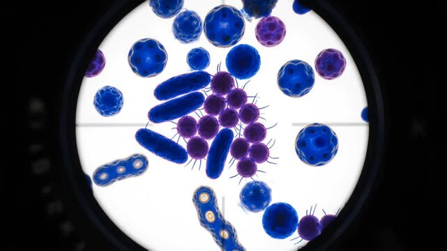 Educational microscope view displaying stained bacterial cells in vivid purple and pink tones, demonstrating standard Gram staining techniques in laboratory diagnostics