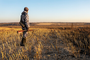 Obraz premium hunter man holding a shotgun and walking through a field at sunrise or sunset. hunting season. place for text.