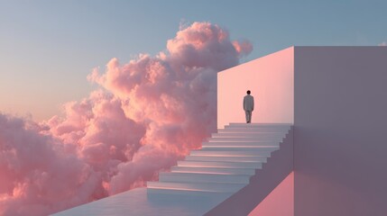 Ascending to New Heights: A lone figure on a staircase, bathed in the ethereal glow of soft pastel clouds, steps towards an open doorway. A scene of aspiration and transformation.