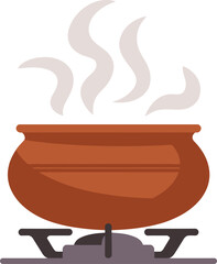 Clay pot simmering with steam rising from a gas stove, traditional cooking concept, isolated on transparent background.