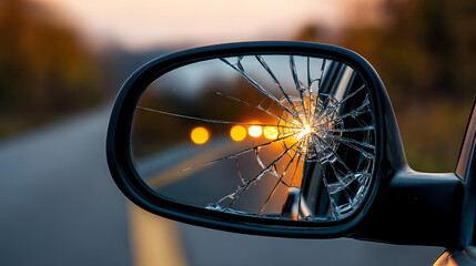 Shattered side mirror reflecting a road at dusk.