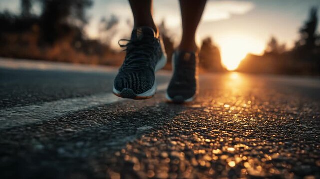 Outdoor running motivation at sunrise. determined runners fitness exercise on an asphalt road with close up view of shoe, focusing on journey ahead