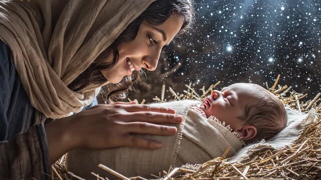  Virgin Mary looking at a baby infant Jesus in a manger. Nativity scene Christmas and holiday concept. Nativity of Jesus video. AI generative. devotion.