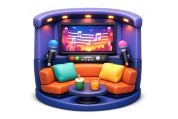 Karaoke booth with colorful microphones and cozy seating for entertainment design