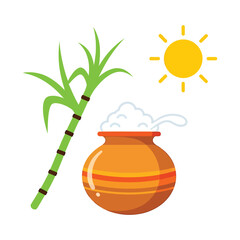Traditional pongal festival elements featuring sugarcane, a boiling pot, and sun