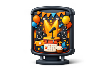 Festive event poster design with microphone and balloons for party celebration