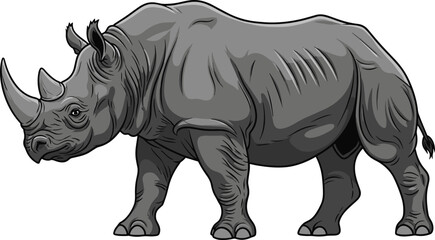 Side profile of rhinoceros with textured skin and horns, wildlife and conservation concept, flat vector illustration, white background © Miskur Rumi 