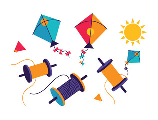 Colorful kites soaring under a bright sun with spools of thread for a festive day