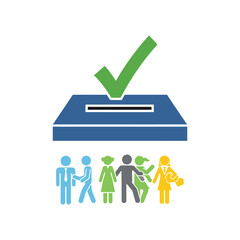 Community engagement and democratic process represented by diverse voters and a ballot box