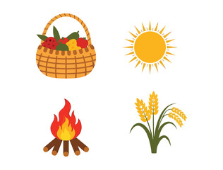 An illustration showcasing key natural elements like harvest, sun, fire, and grain