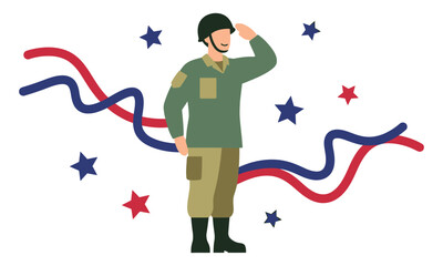 An honorable soldier in military uniform saluting, with patriotic red and blue stars and ribbons