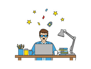 A focused man at his desk surrounded by symbols of achievement and creativity