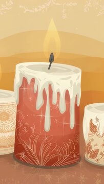 Vertical video: Flickering red candle with white drips on table, two votives, draft tilting wick