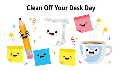 Clean off your desk day celebration with cheerful stationery and coffee mug