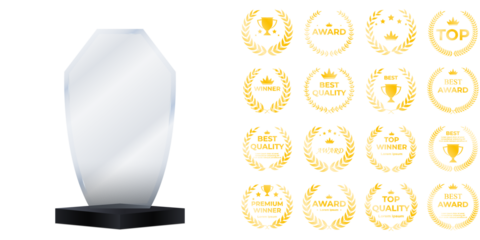 Crystal glass trophy on wooden pedestal featuring realistic light reflections, engraved victory wreath, and first-place distinction ideal for contest winners, business awards, and premium illustration