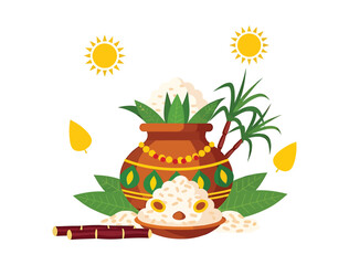 Traditional harvest festival celebration with a decorated pot, sweet rice, and sugarcane