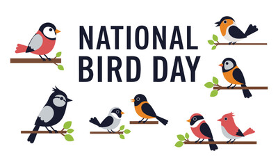 National bird day celebration featuring a collection of colorful cartoon birds on branches