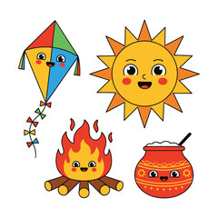 Joyful cultural festival elements: kite, sun, bonfire, and traditional pot illustration
