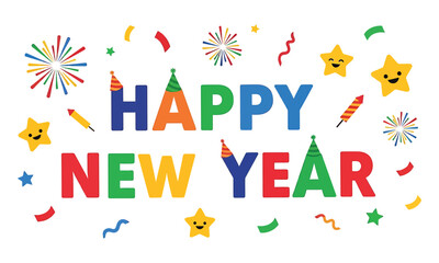 A cheerful happy new year greeting with vibrant confetti, fireworks, and cute stars