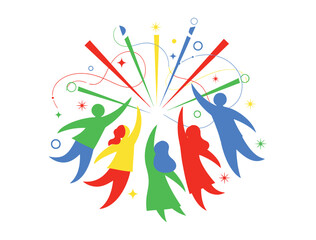 Diverse group of people joyfully celebrating success and unity with vibrant fireworks burst