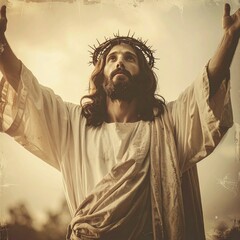 Obraz premium Jesus Christ Portrait with Crown of Thorns and Arms Raised