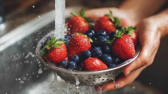 Hand washing fresh strawberry and blueberry fruit, healthy berry mix under clean running water in kitchen sink. Preparation for wholesome, refreshing meal
