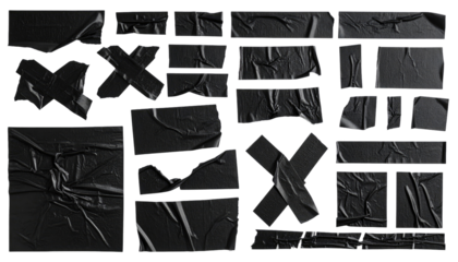Collection of various shapes and sizes of crumpled black duct tape pieces, isolated against a black backdrop