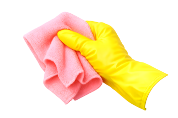 Yellow Rubber Glove Hand Wiping with Pink Cloth — Isolated on White, PNG Transparent Background