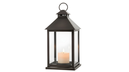 Classic Dark Bronze Metal Lantern with Lit Candle Isolated on White Background